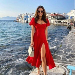 NEW Reformation Mylah red puff shoulder tie back midi dress/ slit Size 8 #629